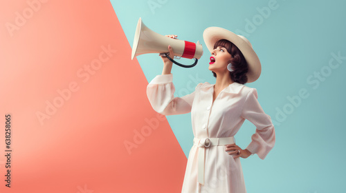 Megaphones woman holding shopping bag on the pastel color background