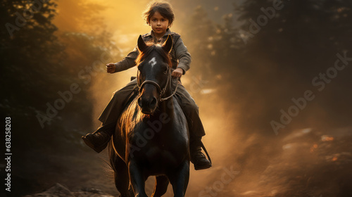 The child riding horse in the morning