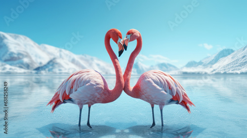 Two flamingos  necks forming the shape of a love heart on the lake