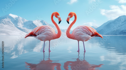 Two flamingos, necks forming the shape of a love heart on the lake