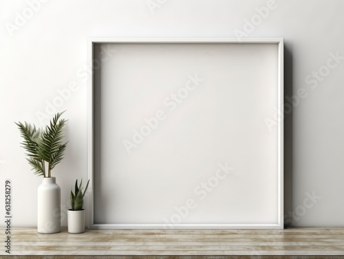 Empty vertical frame mockup in modern minimalist interior with plant in trendy vase on white wall background. Template for artwork, painting, photo or poster.