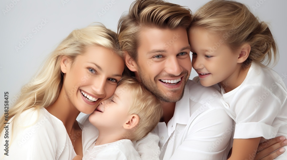 A happy family, laughing, cuddling, and enjoying time together at home with tiny children.