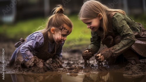 Two young sisters playing mud baths, Children having fun with mud.