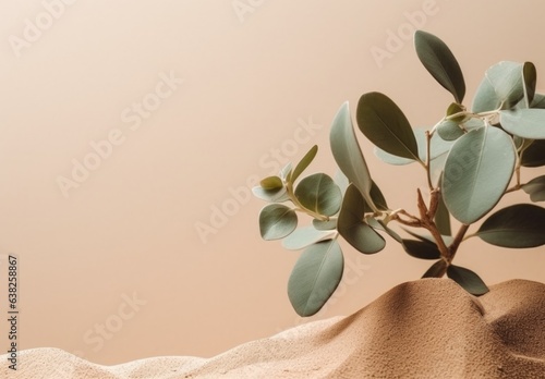 Minimalist sandy leaves on a pale flat background wall — Plants and Leaves — interior design graphic resource with film grain realism — SAND, GREEN, YELLOW — Realistic renders