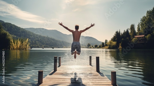 Young man diving off the jetty into the lake. vacations that combine relaxation and adventure over the summer. Relax and go your own way. Generative AI.