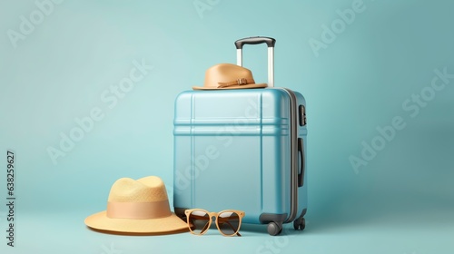 a pastel blue background with a blue suitcase with sunglasses and a hat. traveling idea. minimal design. Generative AI.