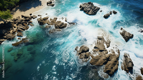 a Tropical Island Viewed From Above Rocky Shoreline Cerulean Water White Waves AI Generative