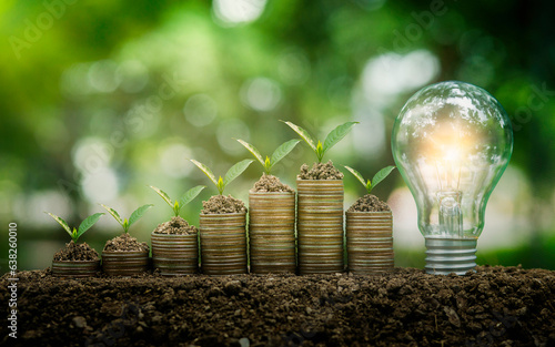 green business Coin piles and seedlings concepts are growing on top, finance and investing in sustainability and carbon credits using renewable energy can limit climate change.