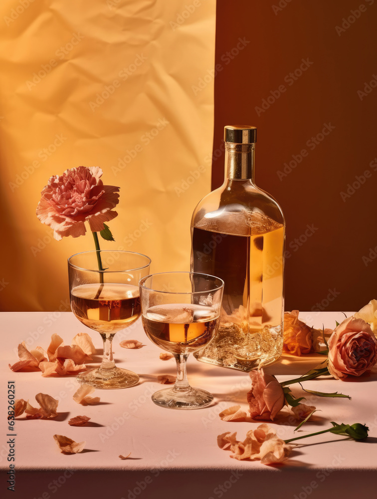 Alcohol elite brandy and flower on the table Alcohol elite brandy and flower on the table