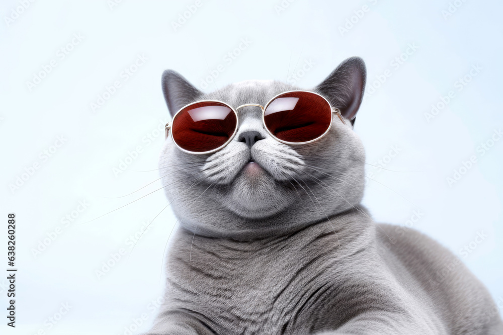 British shorthair cat with round glasses laying down on white background