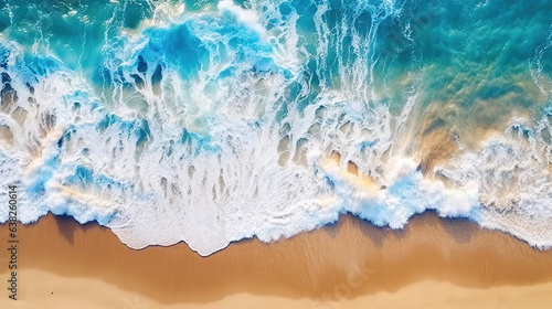 Ocean Wave on Coastal Zone, white Sand Deep Blue Water Drone View AI Generative