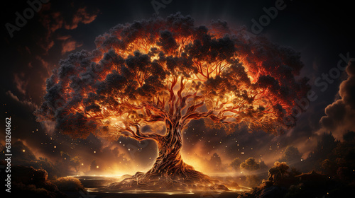 Fire on The Big. Tree Burning Tree in Forest AI Generative
