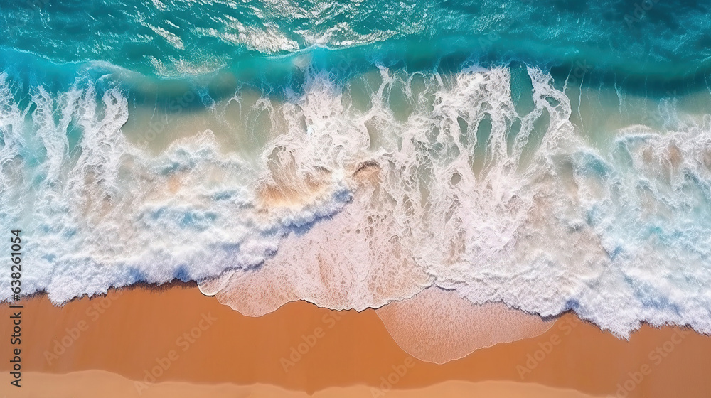 Ocean Wave on Coastal Zone, white Sand Deep Blue Water Drone View AI Generative Ocean Wave on Coastal Zone, white Sand Deep Blue Water Drone View AI Generative