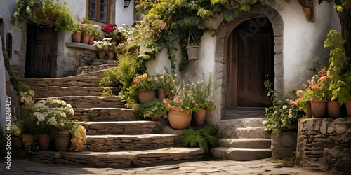 hobbit house stairs lined with potted flowers in front of buildings, idyllic rural scenes, documentary travel © Haleema