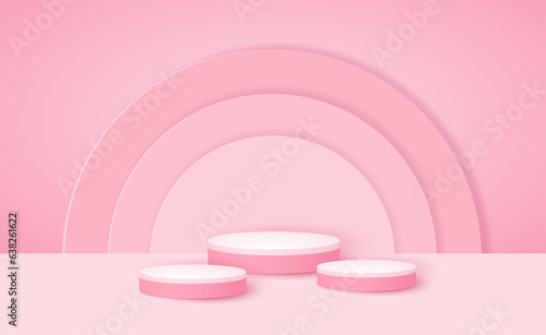 pink background and stand or podium display for product presentation, branding, packaging and promotion. vector illustration design. © Jakkrit
