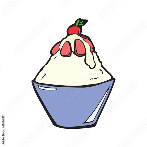 cute shaved ice or bingsu with strawberry and whip cream cartoon object on white background, vector doodle art