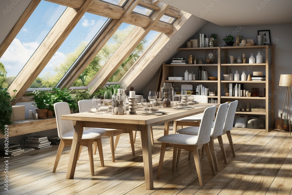 The interior of the Scandinavian-style kitchen with dining table and shelf screen has a vintage atmosphere with light shining from the modern roof.