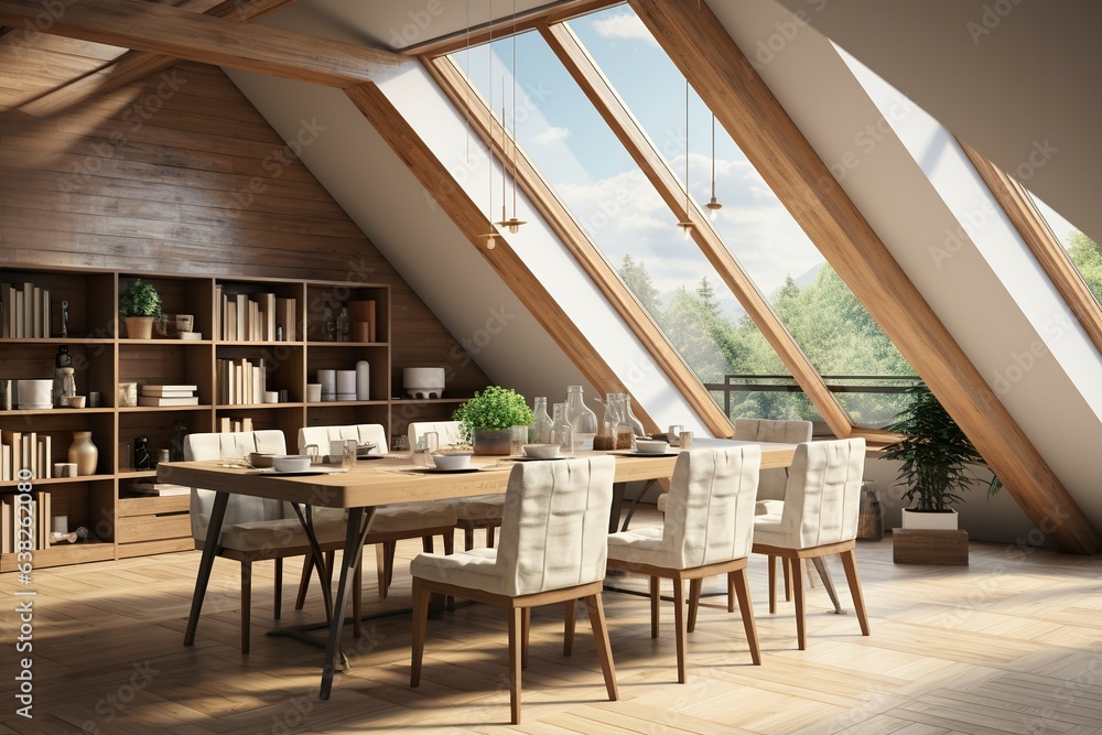 The interior of the Scandinavian-style kitchen with dining table and shelf screen has a vintage atmosphere with light shining from the modern roof.