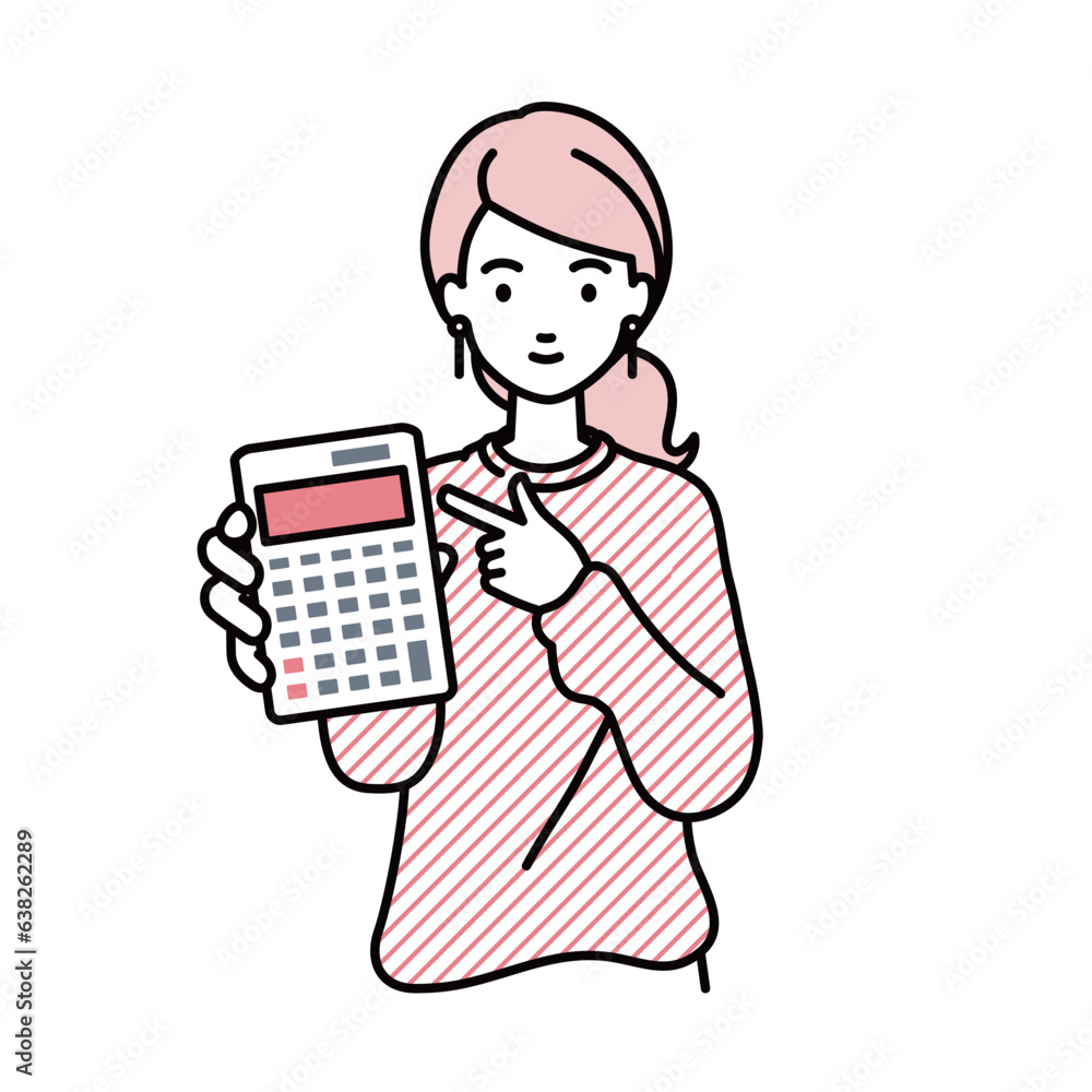 立って電卓を指差してこちらに向けて見せているスウェットの女性