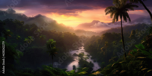 Scenic Mountain Landscape at Sunrise: A breathtaking view of a rural mountainous landscape with a beautiful sunrise, lush green trees, and a tranquil atmosphere that captures the beauty of nature.