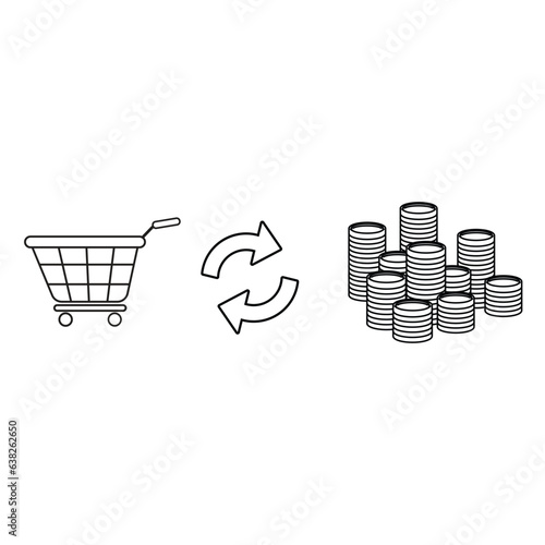 The vector shows an empty shopping cart on the left, a circular exchange symbol in the middle, and stacks of coins on the right, representing the transaction of buying goods with money