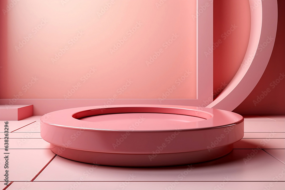 Minimalist and modern abstract background with podium for photo products, in pink color. AI generative.