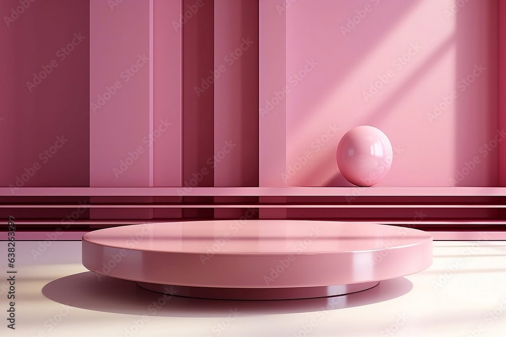 Minimalist abstract background with podium for photo products, in pink color. AI generative.