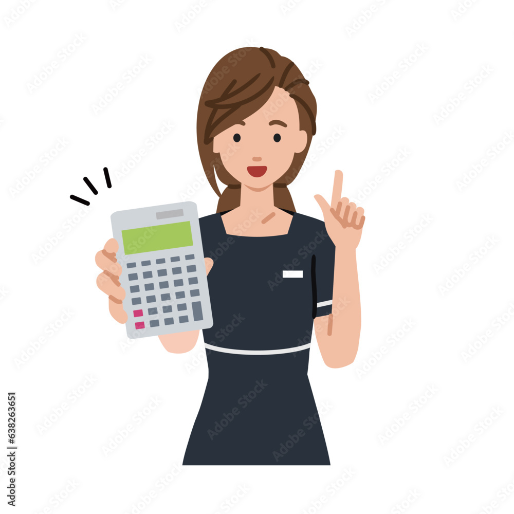 an esthetician, receptionist woman recommending, proposing, showing estimates and pointing a calculator with a smile an esthetician, receptionist woman recommending, proposing, showing estimates and pointing a calculator with a smile