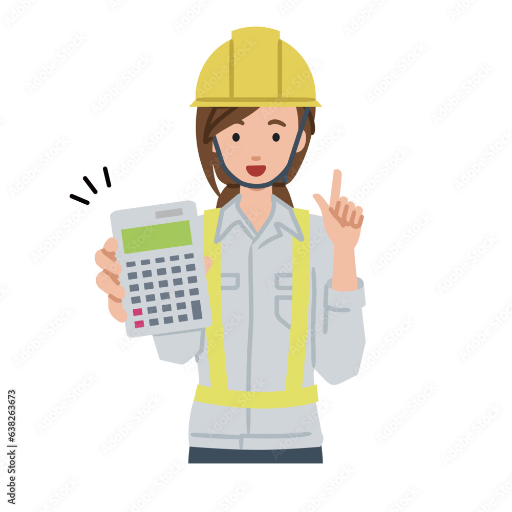 a woman working at construction sites recommending, proposing, showing estimates and pointing a calculator with a smile a woman working at construction sites recommending, proposing, showing estimates and pointing a calculator with a smile