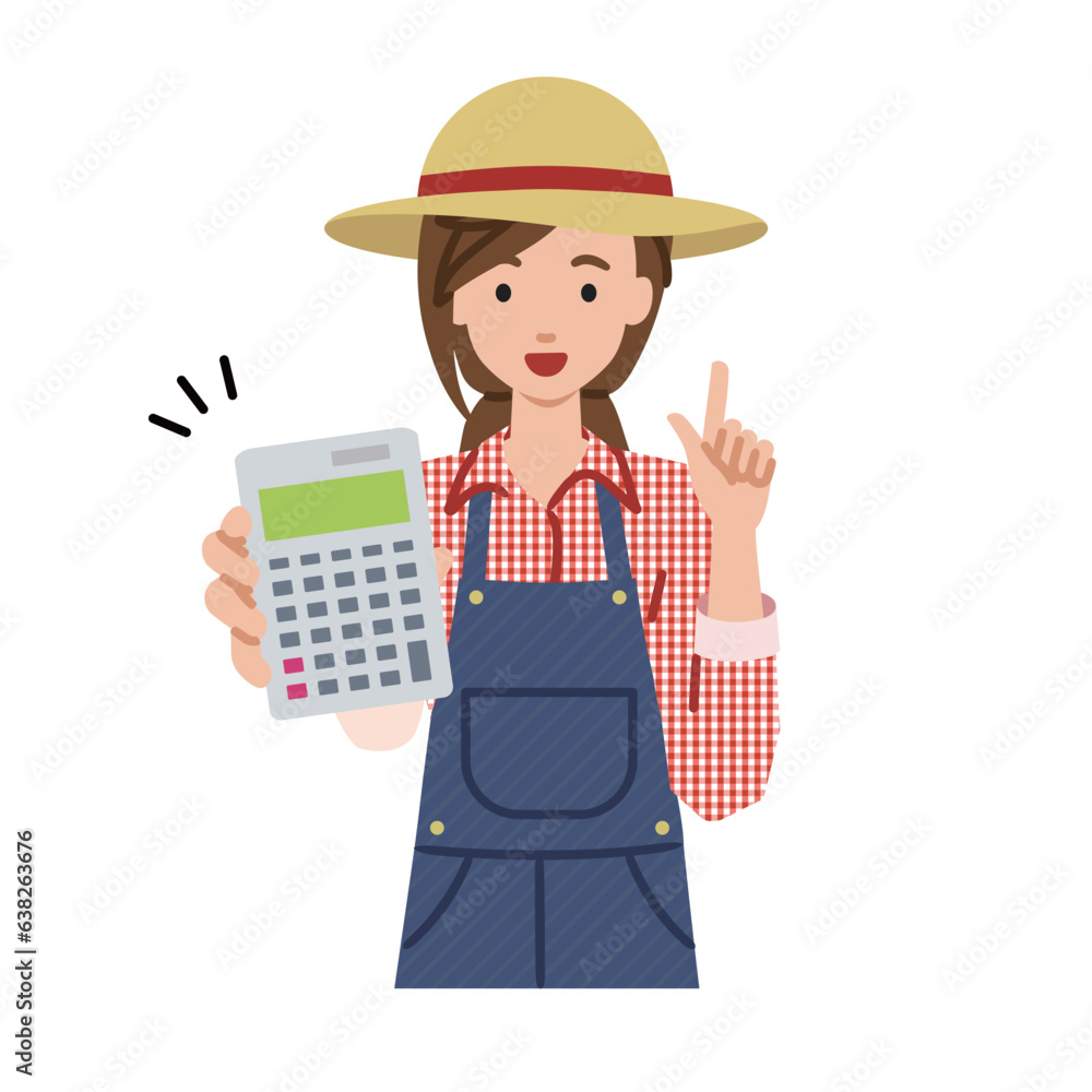 a farmer woman recommending, proposing, showing estimates and pointing a calculator with a smile