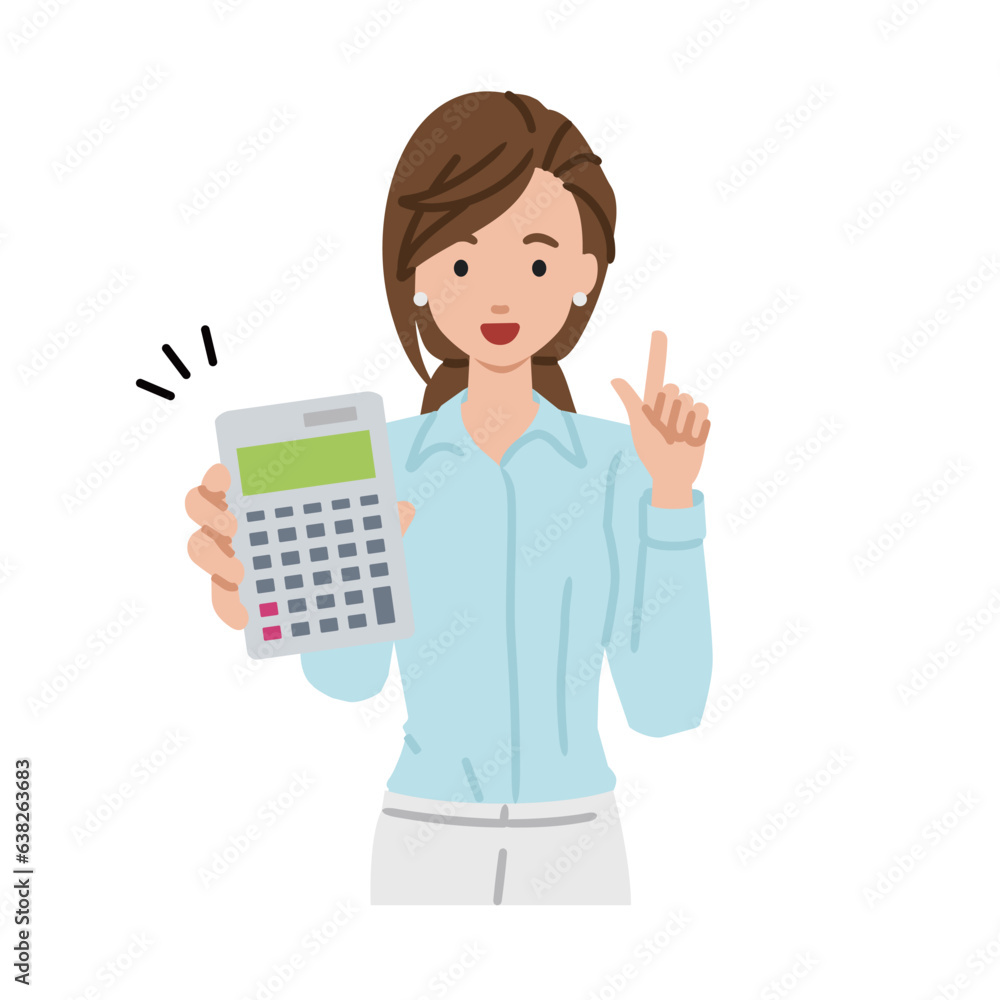 a woman in shirt work style recommending, proposing, showing estimates and pointing a calculator with a smile a woman in shirt work style recommending, proposing, showing estimates and pointing a calculator with a smile