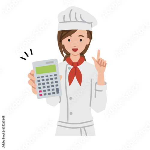 a woman cook recommending, proposing, showing estimates and pointing a calculator with a smile
