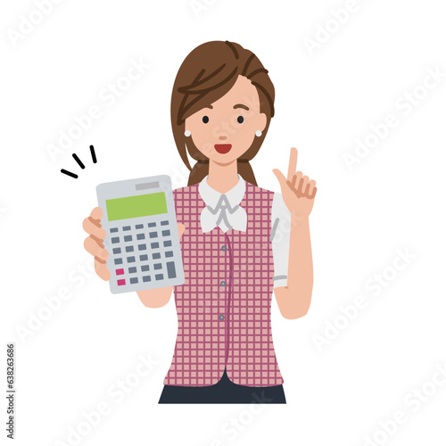 a woman in clerical uniform recommending, proposing, showing estimates and pointing a calculator with a smile