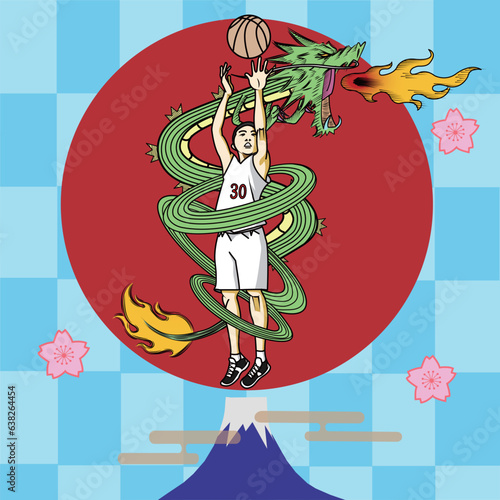 龍のように3Pシュートを決めるバスケットボール選手