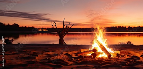 Sizzling sunsets. Beachside campfires ignite night. Nature nightlights. Campfire by beach at sunset. Bonfire serenity. Embracing warmth of summer evenings