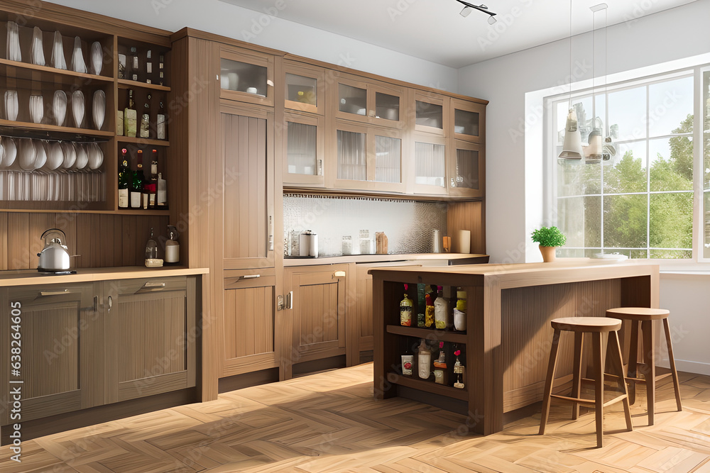 Fototapeta premium Wooden kitchen room with dining table and bar stools, parquet floor. Open space kitchen with bookshelves, wood light furniture, 3D rendering