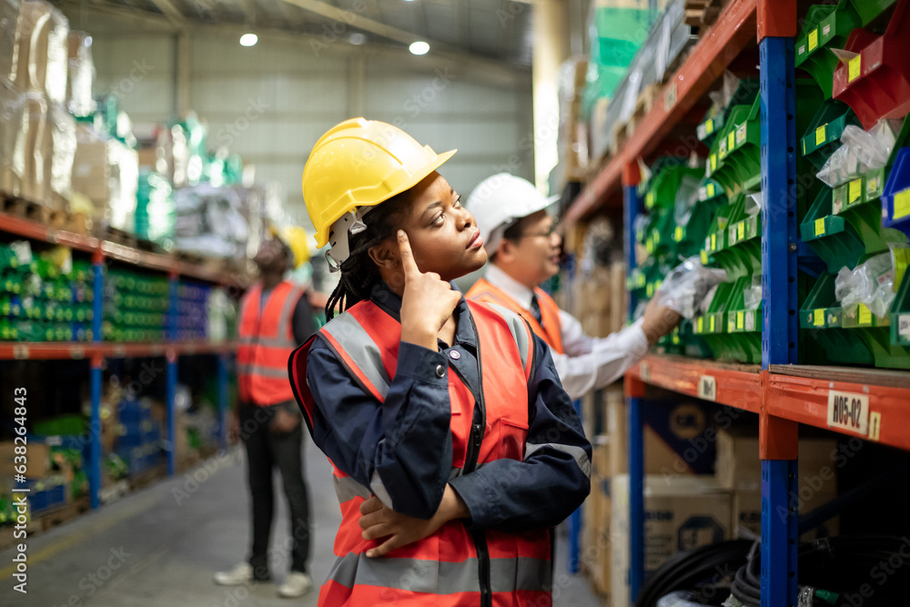 A female manager is checking inventory inside a warehouse with teamwork. A female manager is checking inventory inside a warehouse with teamwork.