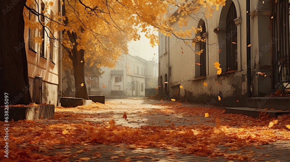 AI generated, autumn leaves fall down from the trees, in the style of fantastical street, orange and gold, rich and immersive, iconic, passage.