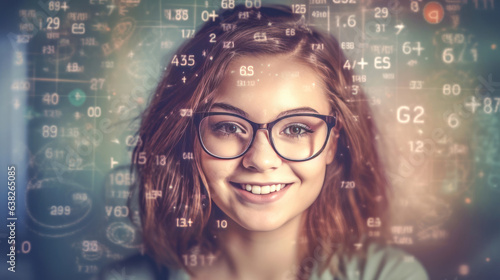 Curious smart girl in glasses against classroom whiteboard with math formulas background. Back to school. Generative Ai. © JuliaDorian