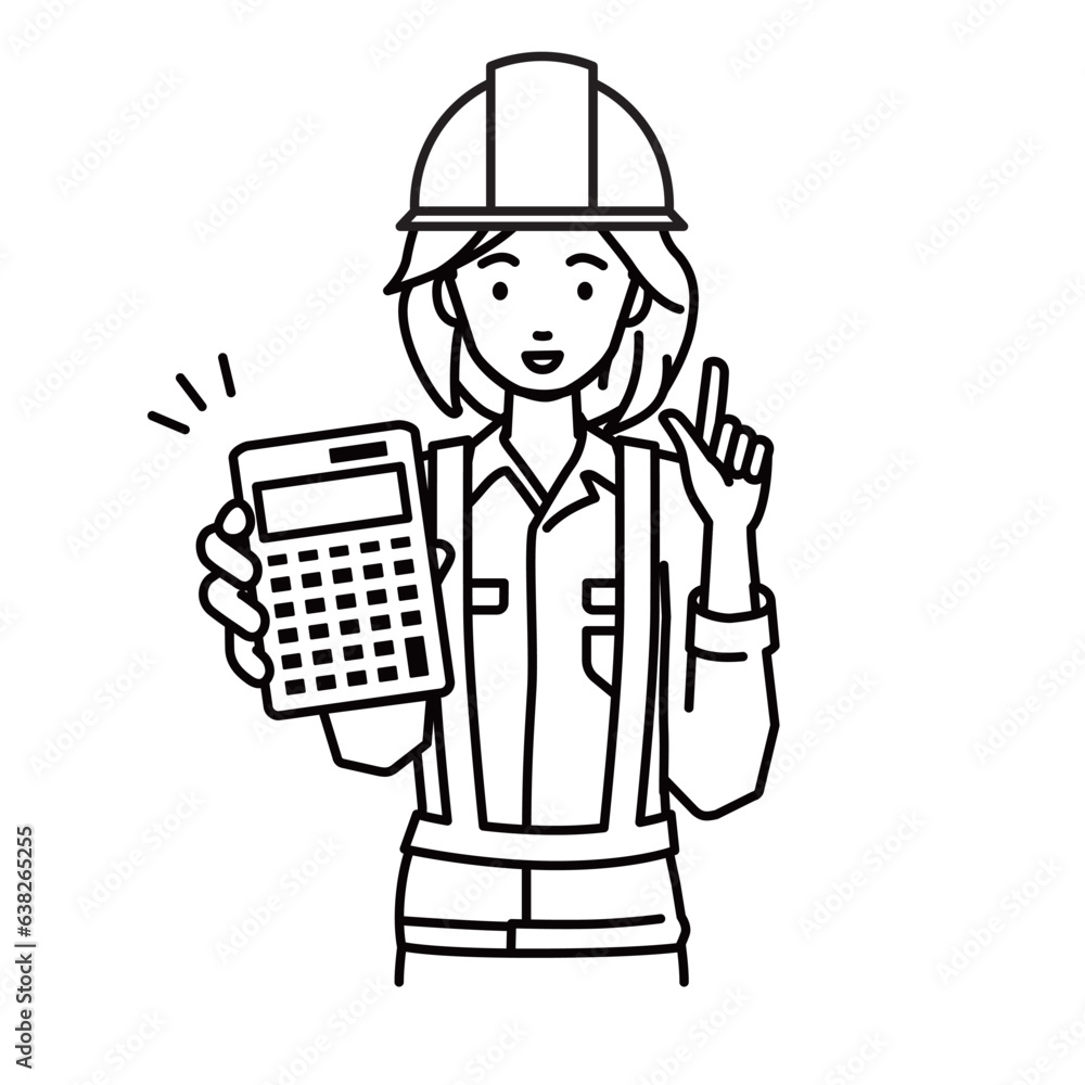 a woman working at construction sites recommending, proposing, showing estimates and pointing a calculator with a smile a woman working at construction sites recommending, proposing, showing estimates and pointing a calculator with a smile