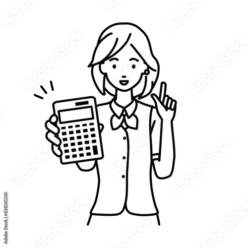 a woman in clerical uniform recommending, proposing, showing estimates and pointing a calculator with a smile