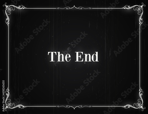 Silent movie cinema film end screen in vintage borders, vector floral frame and grunge background. Hollywood cinema and retro movie theater The End screen with flourish frame and film scratch lines
