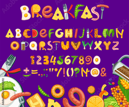 Cartoon breakfast food font, healthy type, lunch typeface, appetizing english alphabet. Vector typography abc with letters and numbers of bacon, eggs and toasts, croissants, sausages and fresh fruits