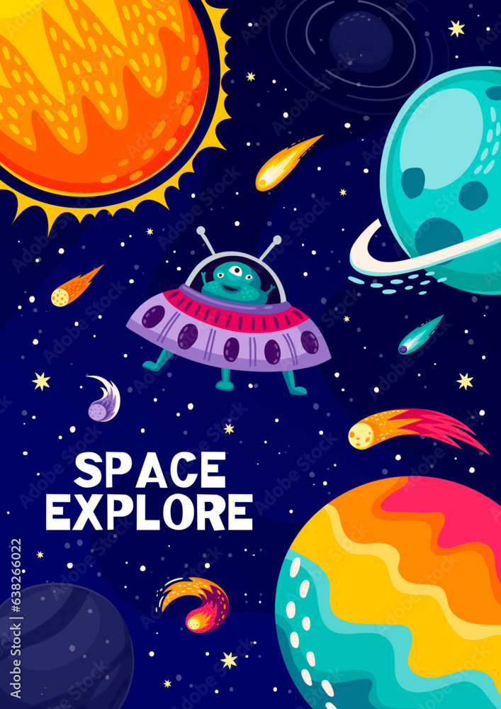 Cartoon space landscape poster with UFO, alien and planets in galaxy sky, vector background. Outer space exploration and galactic adventure poster with cosmic world planets and alien martian in UFO