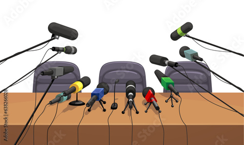 Press conference table with microphones, interior. Live broadcast interview, public speaker speech or announcement, television press conference or news, politics debate vector concept or background