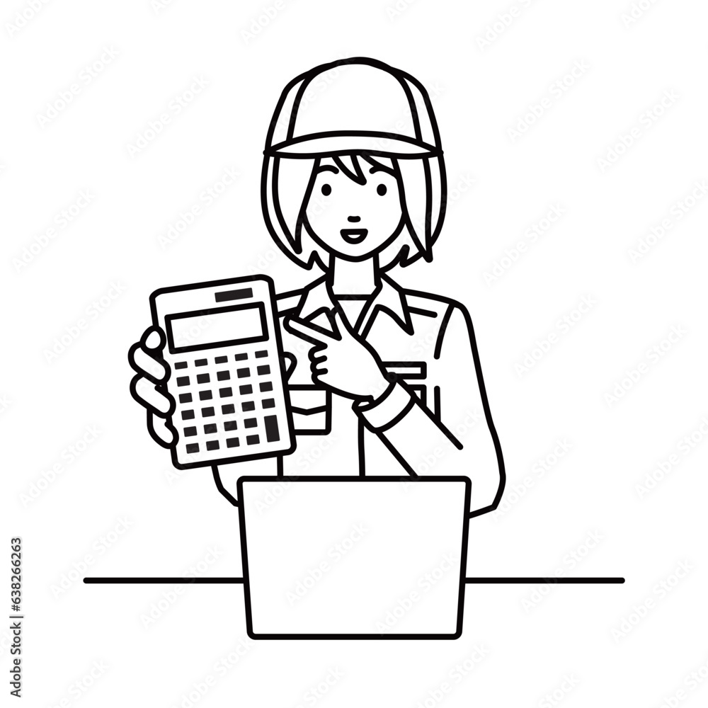 a blue-collar worker woman recommending, proposing, showing estimates and pointing a calculator with a smile in front of laptop pc a blue-collar worker woman recommending, proposing, showing estimates and pointing a calculator with a smile in front of laptop pc