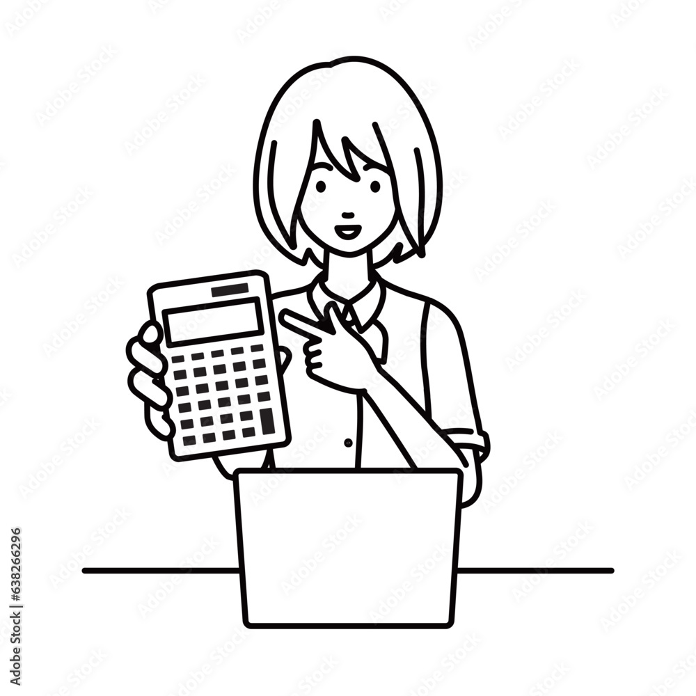 a woman in clerical uniform recommending, proposing, showing estimates and pointing a calculator with a smile in front of laptop pc a woman in clerical uniform recommending, proposing, showing estimates and pointing a calculator with a smile in front of laptop pc
