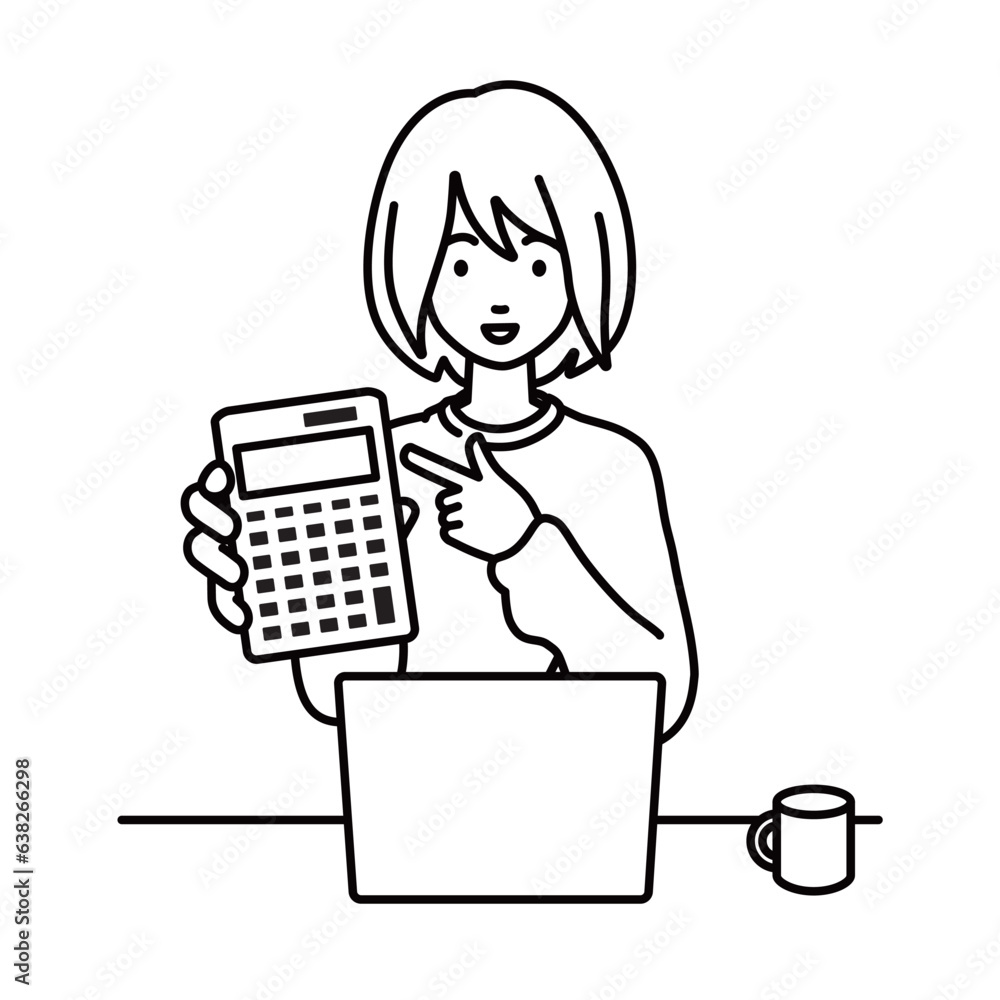 a woman in casual style recommending, proposing, showing and pointing a calculator with a smile in front of laptop pc a woman in casual style recommending, proposing, showing and pointing a calculator with a smile in front of laptop pc