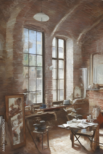 Old European style painters atelier. An artist's atelier, craft room, with brick interior. Canvas, paint brushes, by a window with warm light. Generative AI