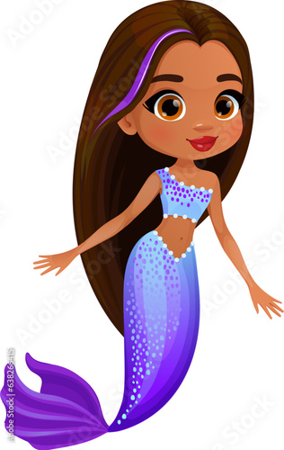 Cartoon mermaid character. Isolated vector adorable underwater princess with dark skin and playful expression, flowing hair, and purple shimmering tail. Fairytale story or game whimsical personage